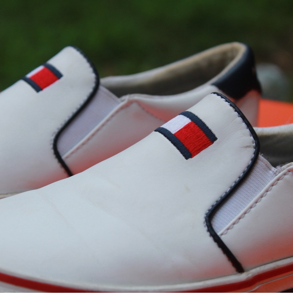 Tommy Hilfiger White and Red Slip-On Loafers